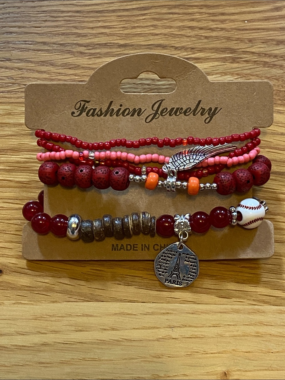 Fashion Jewelry Red Multi-Strand Beaded Bracelet Set with charms